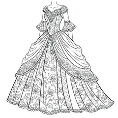 Illustration Elegant Victorian Dress Vector Outline with Floral Lace Elements Vintage Style