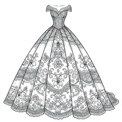 Elegant Bridal Gown Vector Illustration with Floral Lace Pattern Vintage Style Black White Design