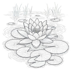 Illustration Vector Water Lily Flower with Lily Pad and Pond Elements in Minimalist Black and White