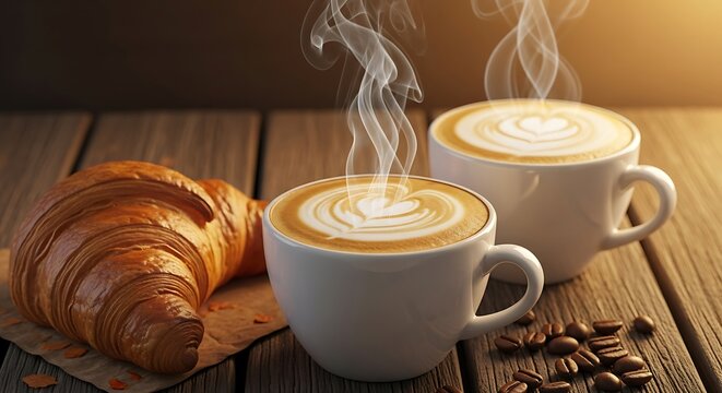 Steaming latte art coffee with fresh croissant on wooden table, perfect for a relaxing morning - Powered by Adobe
