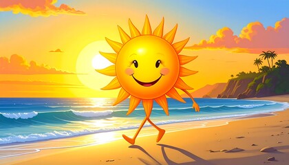 Cartoon sun walks on beach at sunset