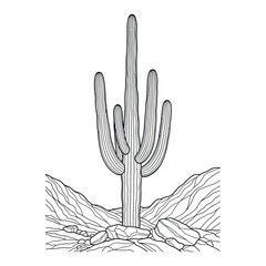 Illustration Vector of Saguaro Cactus with Desert Rocks and Mountain Landscape in Minimalist Black and White Style