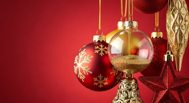 Festive christmas ornaments hanging against a vibrant red backdrop, creating a warm and inviting holiday atmosphere with golden accents and snowflakes
