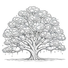 Detailed Organic Vector Illustration of Large Tree with Branches and Leaves in Black and White