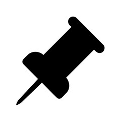 Single black push pin graphic representation on solid white background illustration