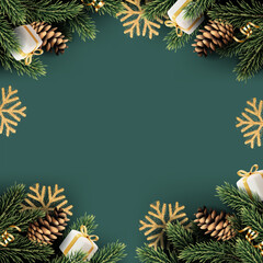 Fototapeta premium Christmas and New Year background with fir trees and cones. 