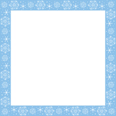 Winter blue vector square frame of snowflakes. Hand drawn border, isolated. Background, backdrop, template for theme of Snowfall, Christmas, new year