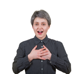 Positively surprised woman showing gratitude as she received an unexpected gift. Astonished female keeps hands to chest, mouth wide open being shocked isolated on transparent background