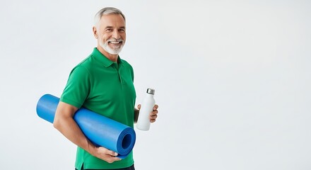 Smiling senior man holding rolled yoga mat and water bottle ready for healthy activity and wellness journey