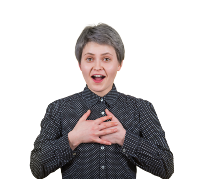 Positively surprised woman showing gratitude as she received an unexpected gift. Astonished female keeps hands to chest, mouth wide open being shocked isolated on transparent background