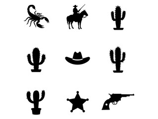 Collection of classic american wild west vector silhouette icons isolated on a white background