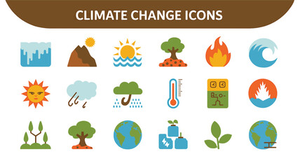 Fototapeta premium Flat 2026 climate change icon set with environmental, sustainability, and global warming symbols