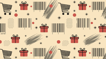 A repeating pattern of shopping carts gifts barcodes stars and abstract shapes on a beige background