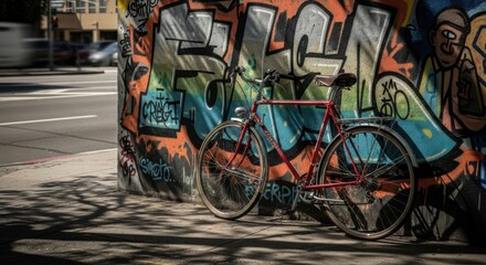 Urban Red Bicycle Leaning Against Vibrant Graffiti Wall on Sunny Day