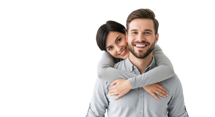 Fototapeta premium Young caucasian couple embracing, man smiling at camera, woman resting head on his shoulder, against a transparent studio background with bright high-key lighting, Concept of romantic togetherness