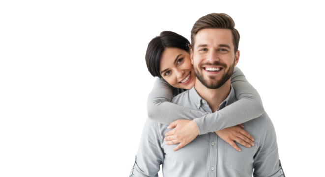 Young caucasian couple embracing, man smiling at camera, woman resting head on his shoulder, against a transparent studio background with bright high-key lighting, Concept of romantic togetherness