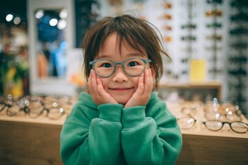 A sweet little girl smiles wearing new glasses at an optician, trying on stylish frames with a bright green sweatshirt, standing at a glasses display case.