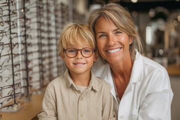 A smiling woman and a young boy wearing new glasses in an optical store, a perfect fit ensures clear vision and a stylish look in eyewear selection process.