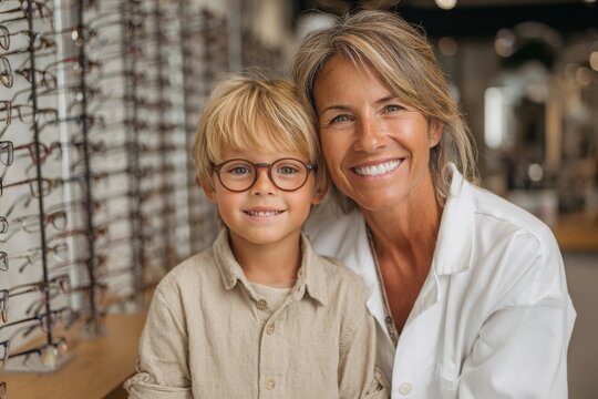 A smiling woman and a young boy wearing new glasses in an optical store, a perfect fit ensures clear vision and a stylish look in eyewear selection process.