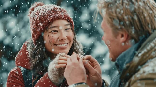 Happy Couple Engagement in Snow &ndash; Winter Proposal Video