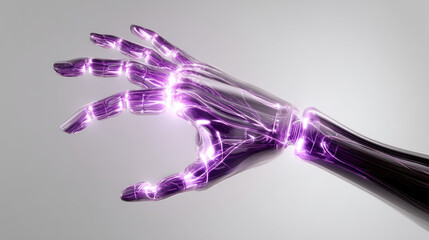 Obraz premium Robot hand with purple backlight on white background. Artificial Intelligence, Futuristic Digital Technology, Metaverse of Digital Intelligent World