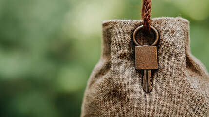 Macro photography of a tiny lock and key hanging on a money bag, financial protection, 
