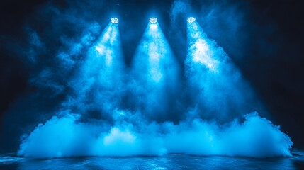 Blue stage lights illuminating smoky stage