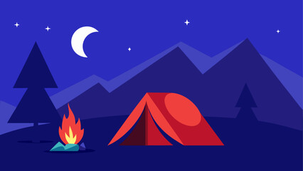 Camping scene at night with a tent, campfire, trees, mountains, moon, and stars in the sky background
