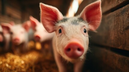 Fototapeta premium Close-up of a curious piglet in a rustic barn with fellow piglets in the background during the day
