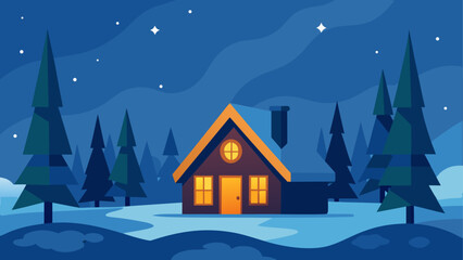 Fototapeta premium A winter night scene with a cozy house surrounded by trees and a starry sky in a serene landscape