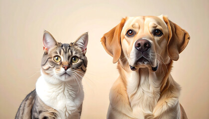 A tabby cat with green eyes sits beside a golden Labrador dog, both looking directly at the viewer against a neutral background.
