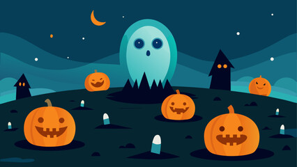 Illustration of a halloween scene with pumpkins ghost moon and spooky houses on a dark night