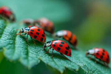 Obraz premium Close-up of ladybugs clustered on window glass, daylight shining through.