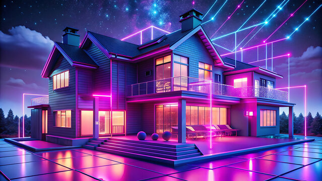 Cyberpunk Style Home Glowing With Neon Pink Iot Devices In Futuristic Theme  