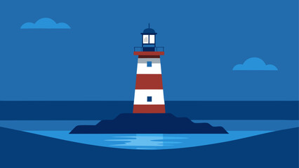 Illustration of a lighthouse with red and white stripes on a small island under a dark blue sky