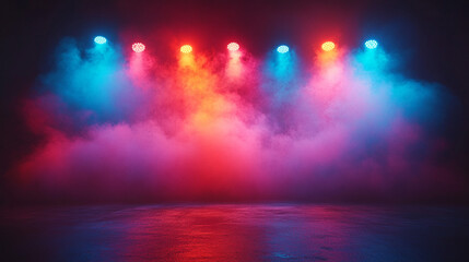 Colorful stage lights, smoke filled dark indoor space