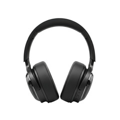Sleek matte black over-ear headphones, plush earpads, front view, isolated on transparent background with copy space, high-end audio technology concept