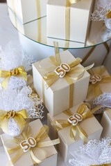 anniversary, wedding, rose, celebration, gift, love, party, decoration, pie, colours, ribbon, gold, 50, emotion, ring, white, birthday, eatery, flower, red, vacation, sweet, belief, colourful, elderly