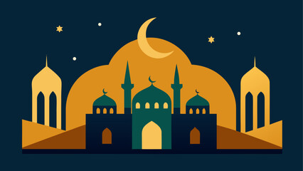 Illustration of a mosque with crescent moon and stars on a dark blue background with golden shapes and towers
