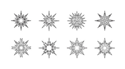 Collection of eight intricate black geometric starburst ornaments silhouette