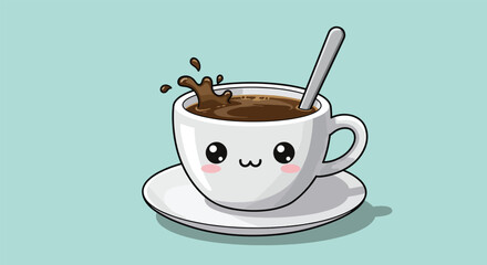 Adorable Kawaii Coffee Cup with Splashing Brown Liquid and Spoon.