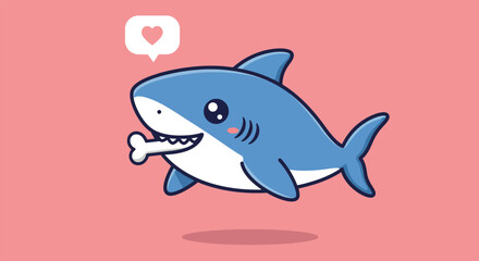 Adorable cartoon shark with a bone in its mouth and a heart bubble.