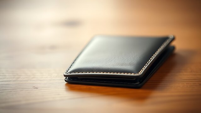 A sleek wallet lies on a wooden surface, highlighted by warm ambient lighting in a minimalist setting.