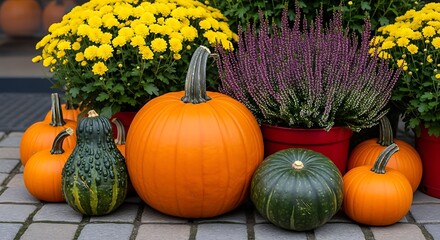 Vibrant autumn harvest display featuring pumpkins, gourds, yellow mums, and purple heather creating a warm seasonal welcome