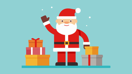 Santa claus waving with christmas gifts in a flat design style on light blue background and snow falling