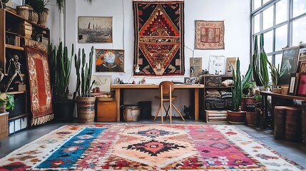 Modern Bohemian workspace with colorful rugs, eclectic decor, and earthy tones 