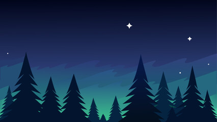 Silhouette of pine trees under a night sky with stars and a gradient of blue and green color palette © Rana Islam