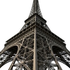 Low-angle view of Eiffel Tower isolated on white background.