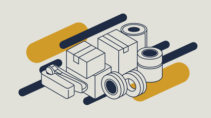 Isometric illustration featuring boxes, cans, and other objects with yellow and blue accents around them