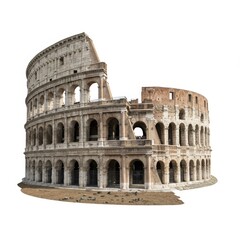 Side angled view of Colosseum ruins isolated on white background.